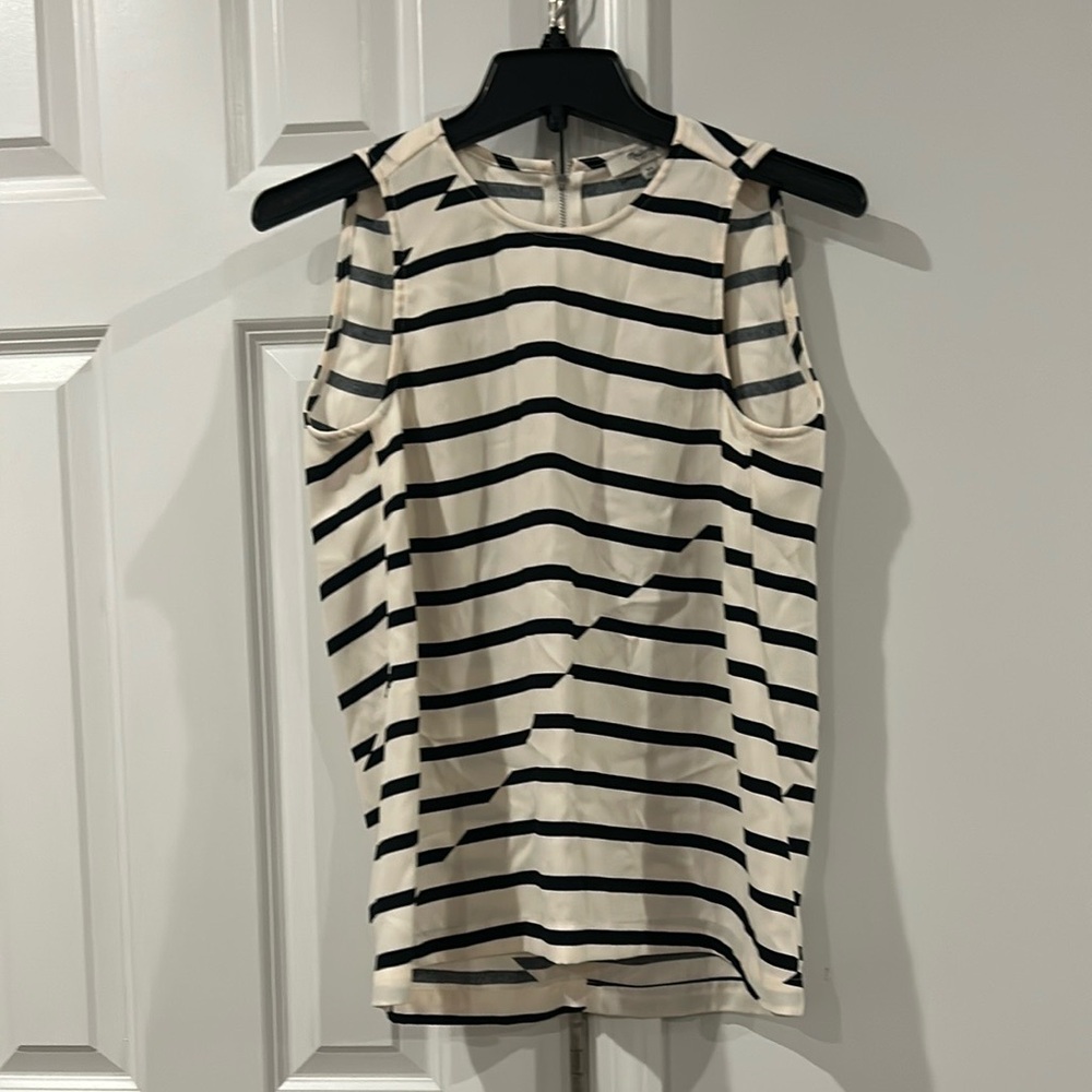 Madewell Crepe Black Cream Asymmetrical Stripe Sleeveless Zip Blouse